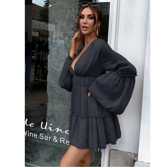 Black Boho Mini Dress Flounce Sleeves Deep V Neck - Picture 4 of 13